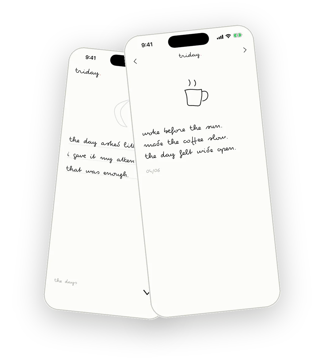 a five minute journal alternative: triday's three true lines once a day, shown on its entry and saved-day screens