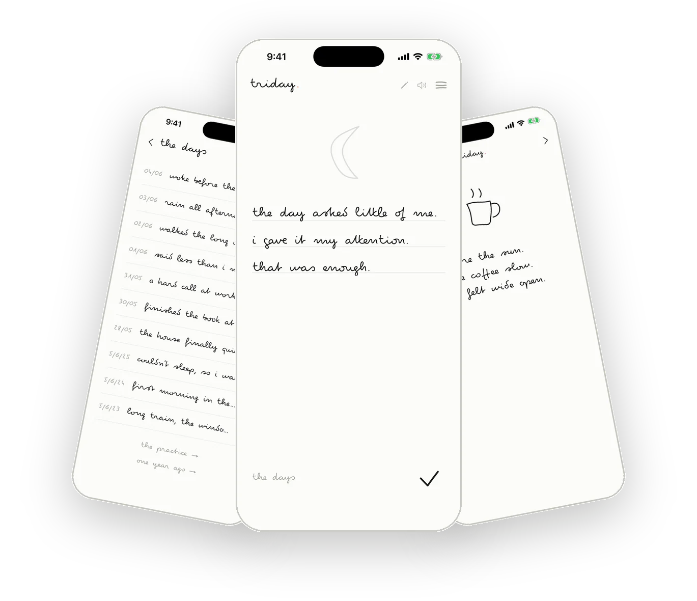 a journaling app without a subscription: three triday screens, a moon entry, a coffee-doodle day, and the days timeline