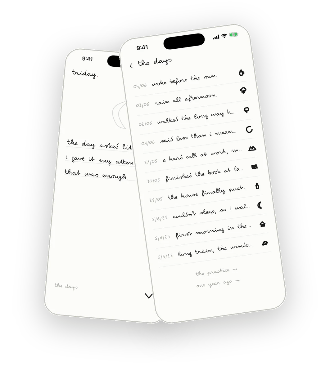 a minimalist journaling app with no streaks: triday's single entry screen and plain day list, with nothing to gamify