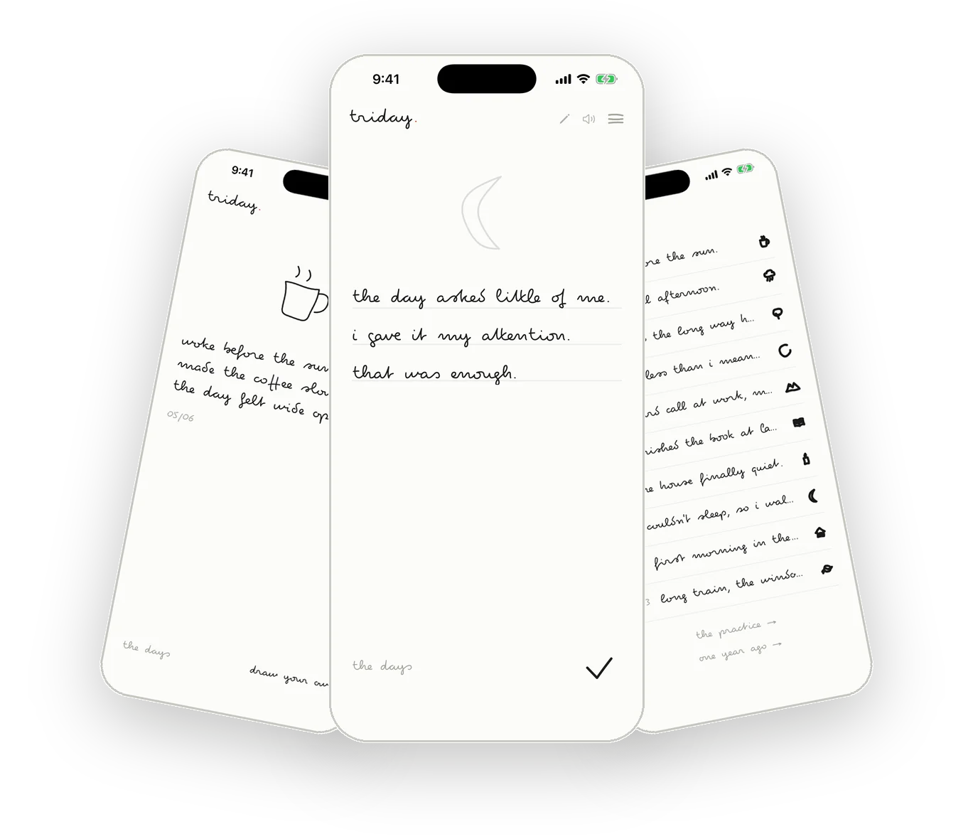 a stoic app alternative: three triday screens showing the plain evening review, with no AI mentors or meditation suite