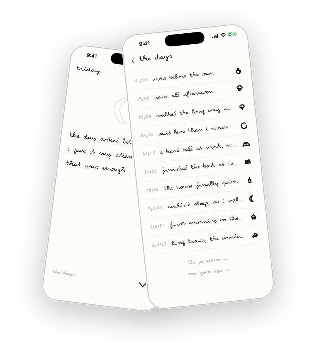 triday vs Day One: two triday screens, a handwritten three-line entry and the dated 'the days' timeline with doodle icons