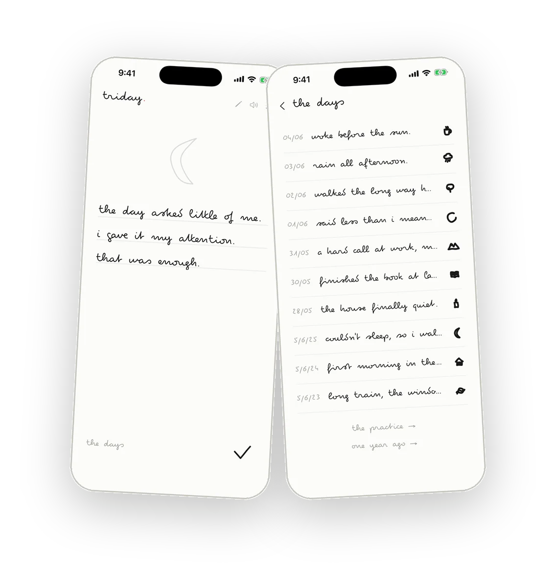 triday vs Daylio: triday's three-line compose screen and 'the days' timeline of written diary entries