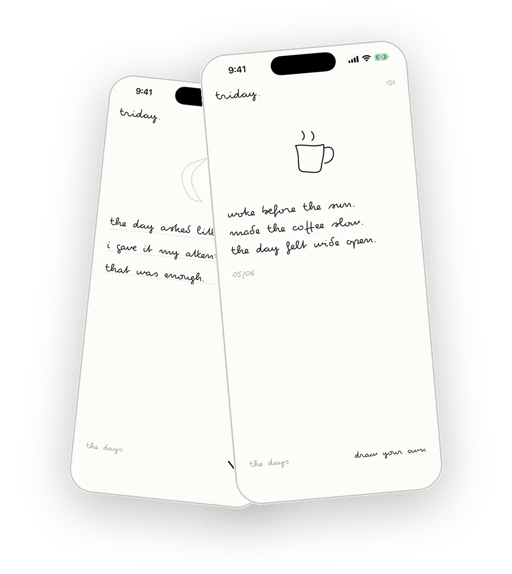 triday vs Reflectly: two triday entry screens with a moon and a coffee doodle, three handwritten lines you write yourself, no AI