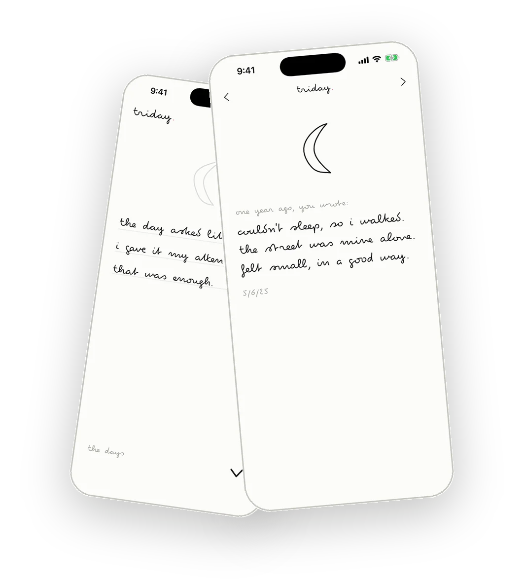 triday vs Rosebud: triday's private on-device diary, three lines read by no one, beside its 'one year ago' view