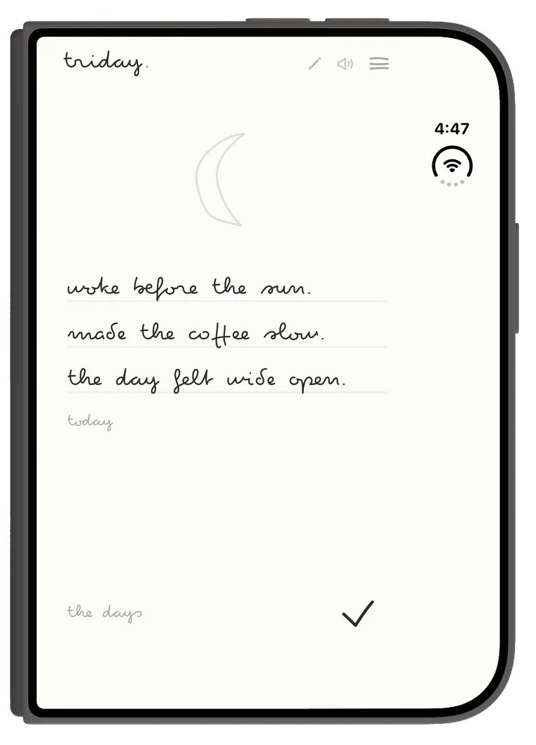 the closed iPhone Duo showing triday's writing page: three lines on ruled paper