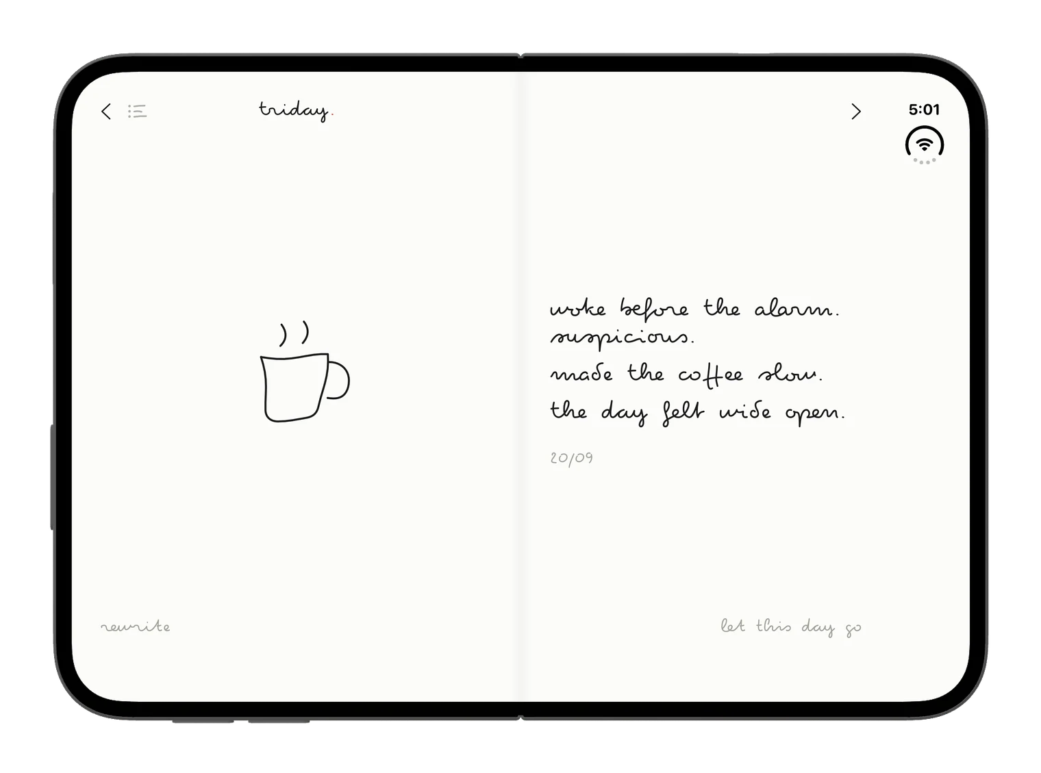 the open iPhone Duo: a coffee cup doodle on the left page, the day's three lines on the right