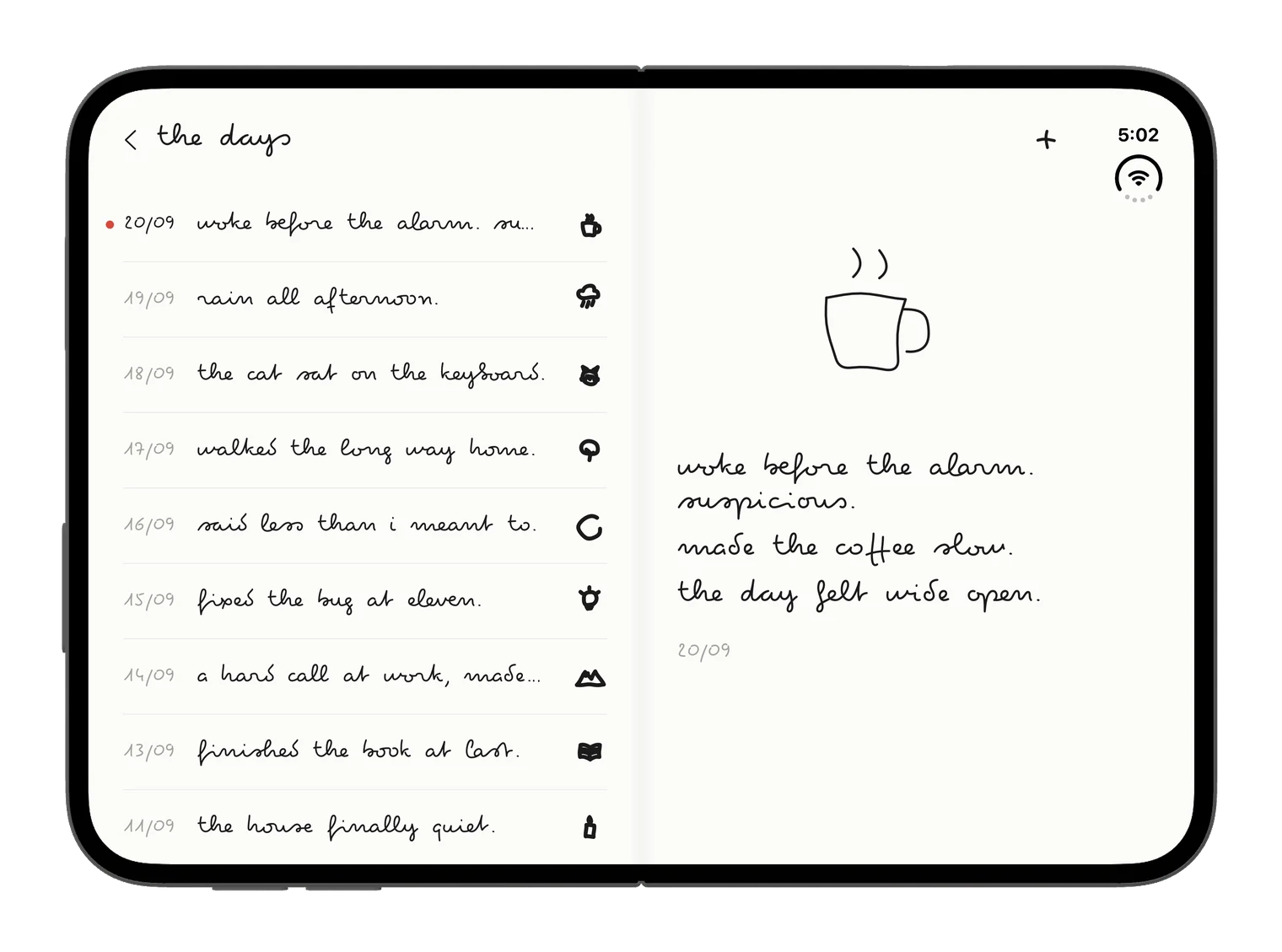 the days index down the left page of the open Duo, with a day's page lying open on the right