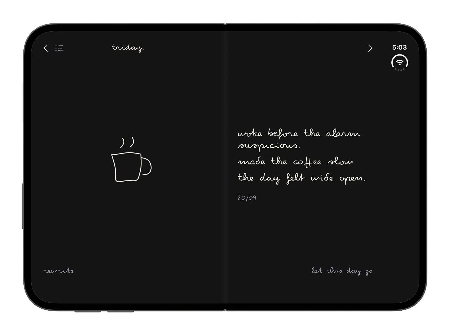 the open Duo on night paper: the same day page, dark paper and pale ink