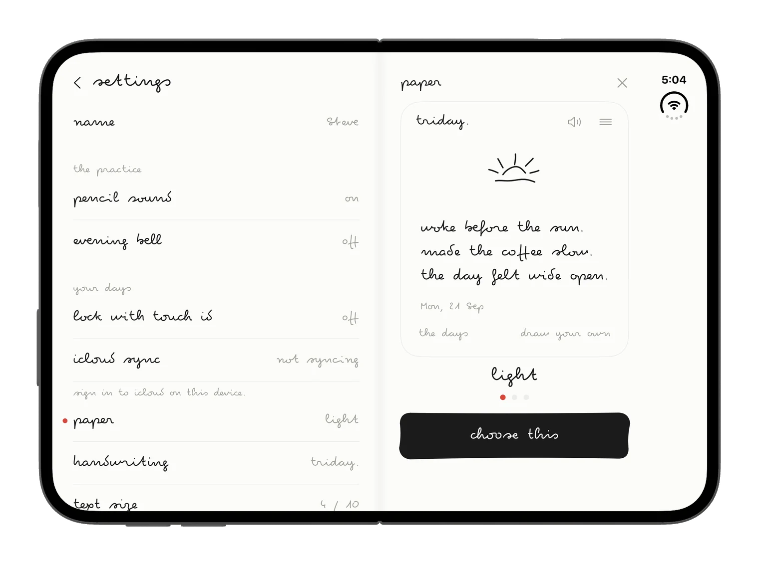 settings on the open Duo: the list on the left page, the paper picker open on the right