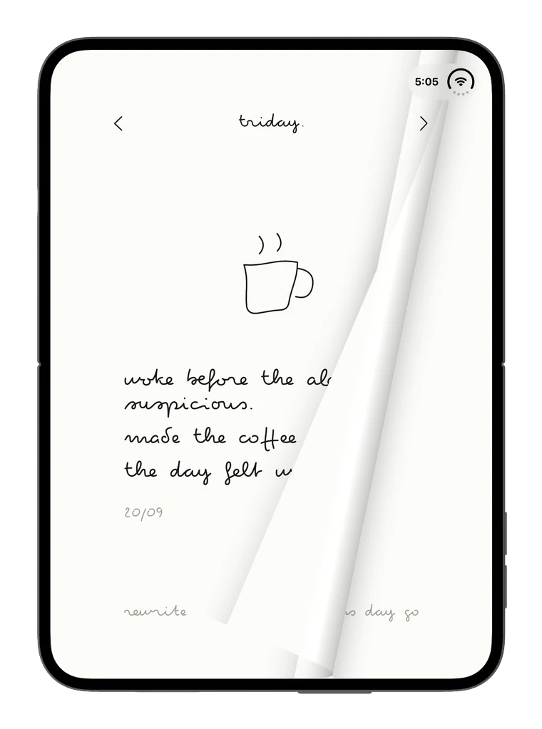 the Duo held upright: the page curling from its bottom corner, the next day beneath