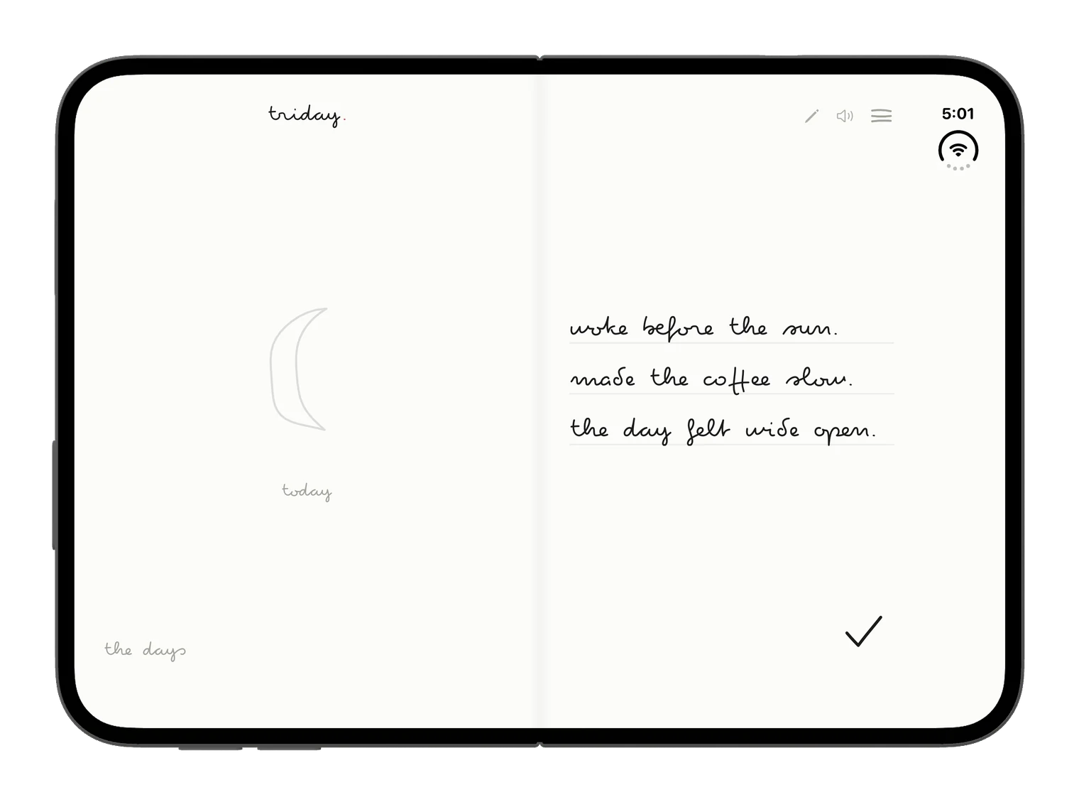 the writing page on the open Duo: the day's mark on the left, three ruled lines on the right