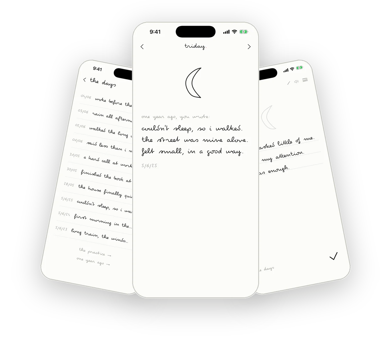 three triday screens: the day list, an entry, and the 'on this day a year ago' view that resurfaces what you wrote a year before