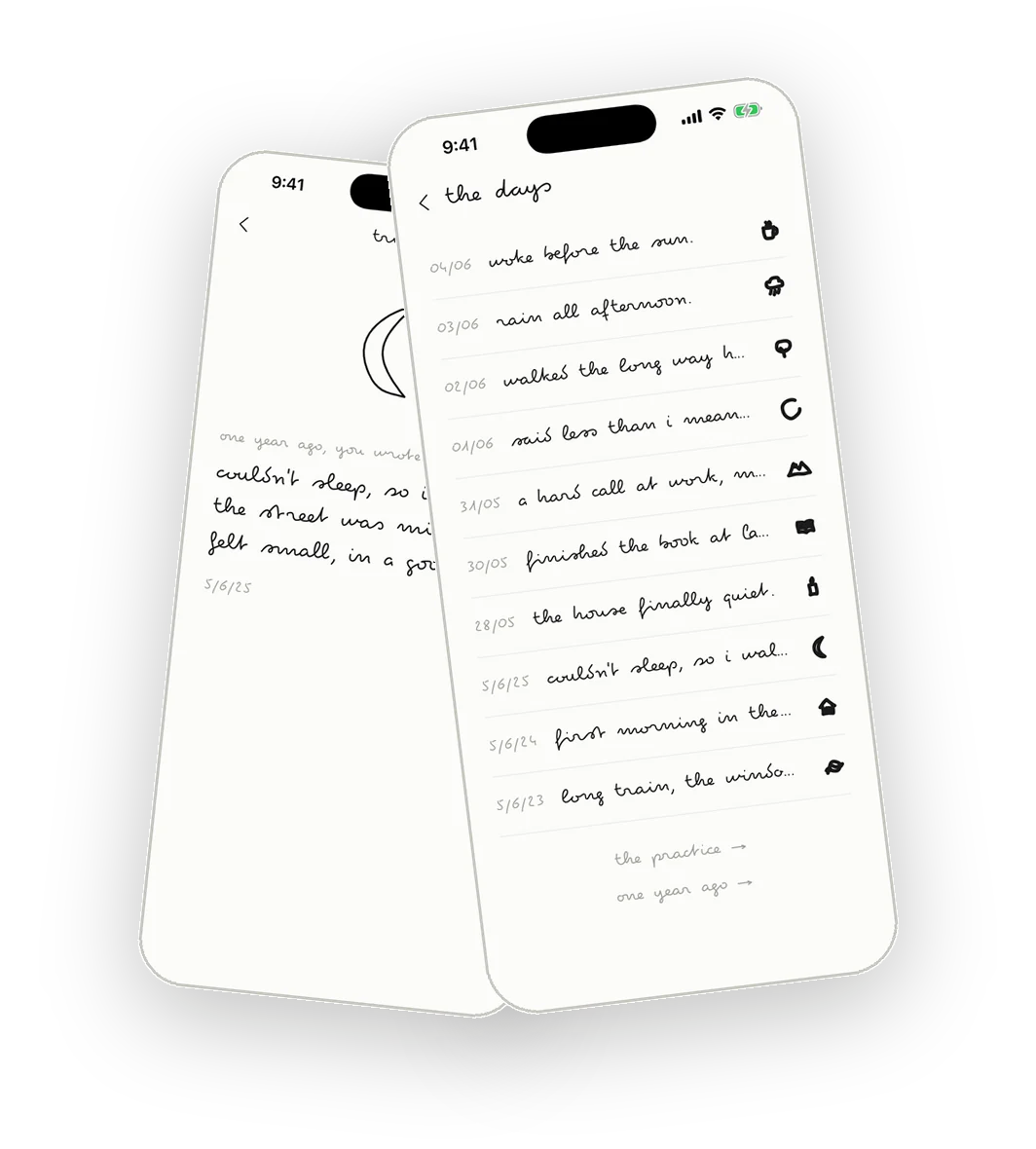 triday's 'one year ago' screen beside its timeline of days, the diary app that slows a fast year by holding on to its days