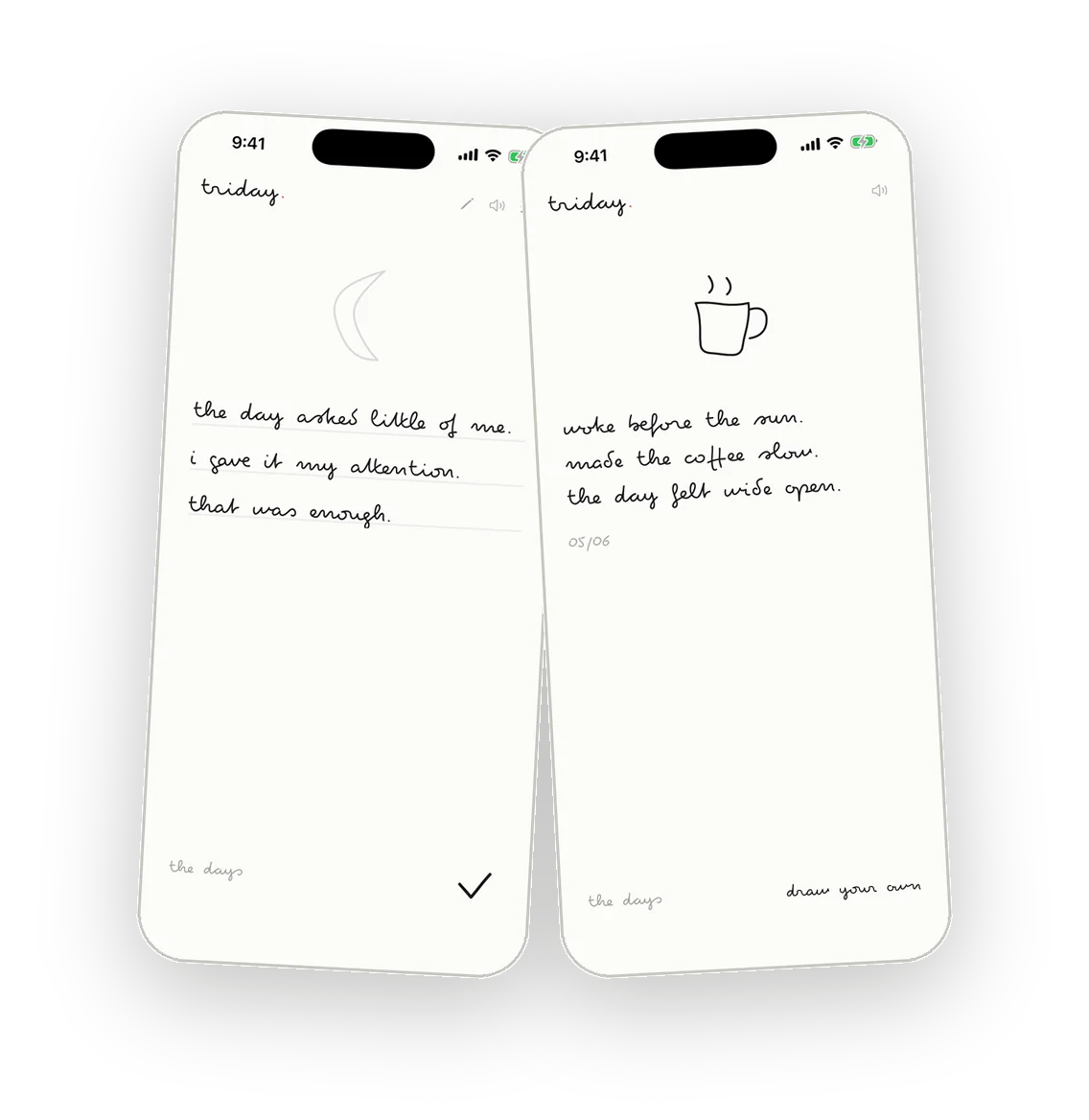 two triday screens, each a day written in three handwritten lines with a small doodle, in the spirit of the stoic evening review