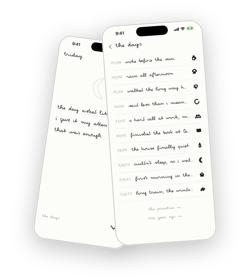 the triday three-good-things diary app, showing the nightly entry screen and the timeline of past days