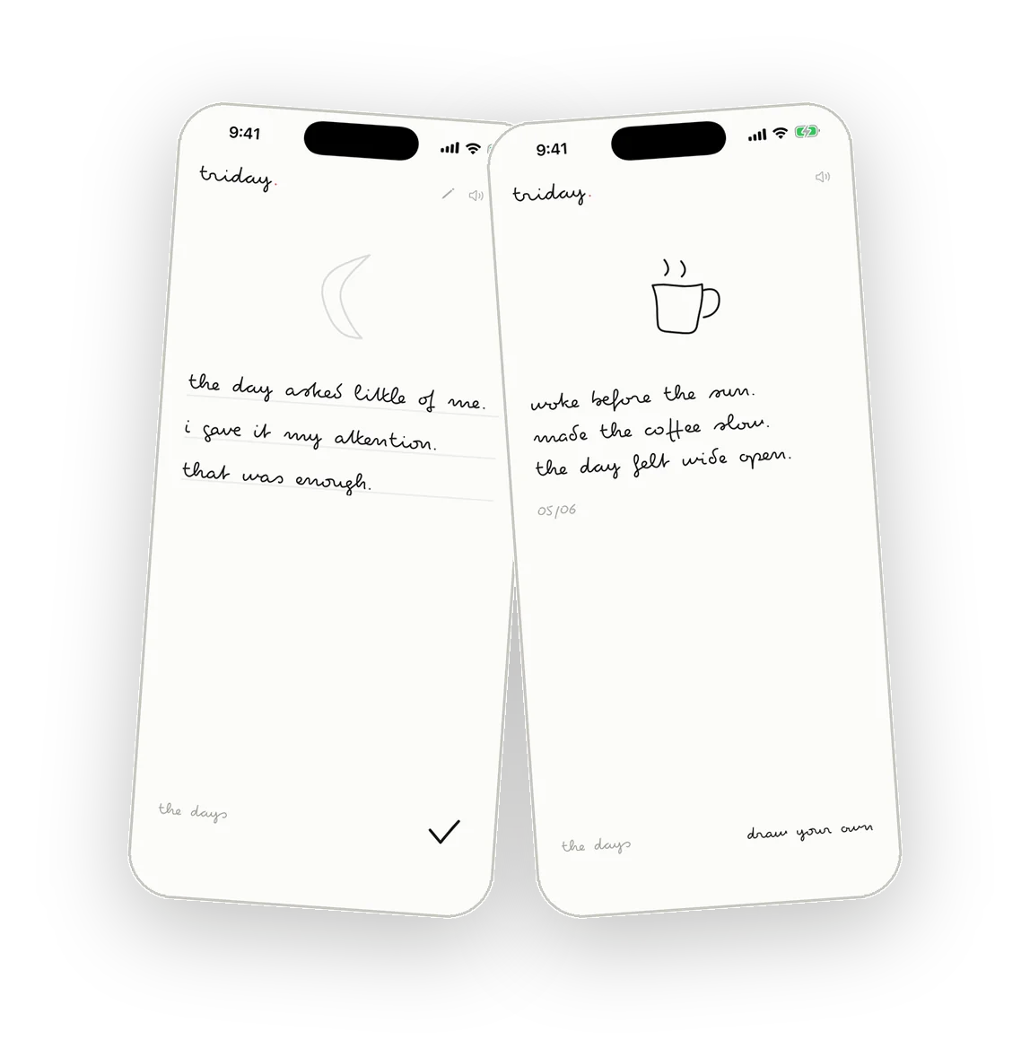 the triday app showing what to write when you don't know: three short, true lines about your day, with no prompts to fill in